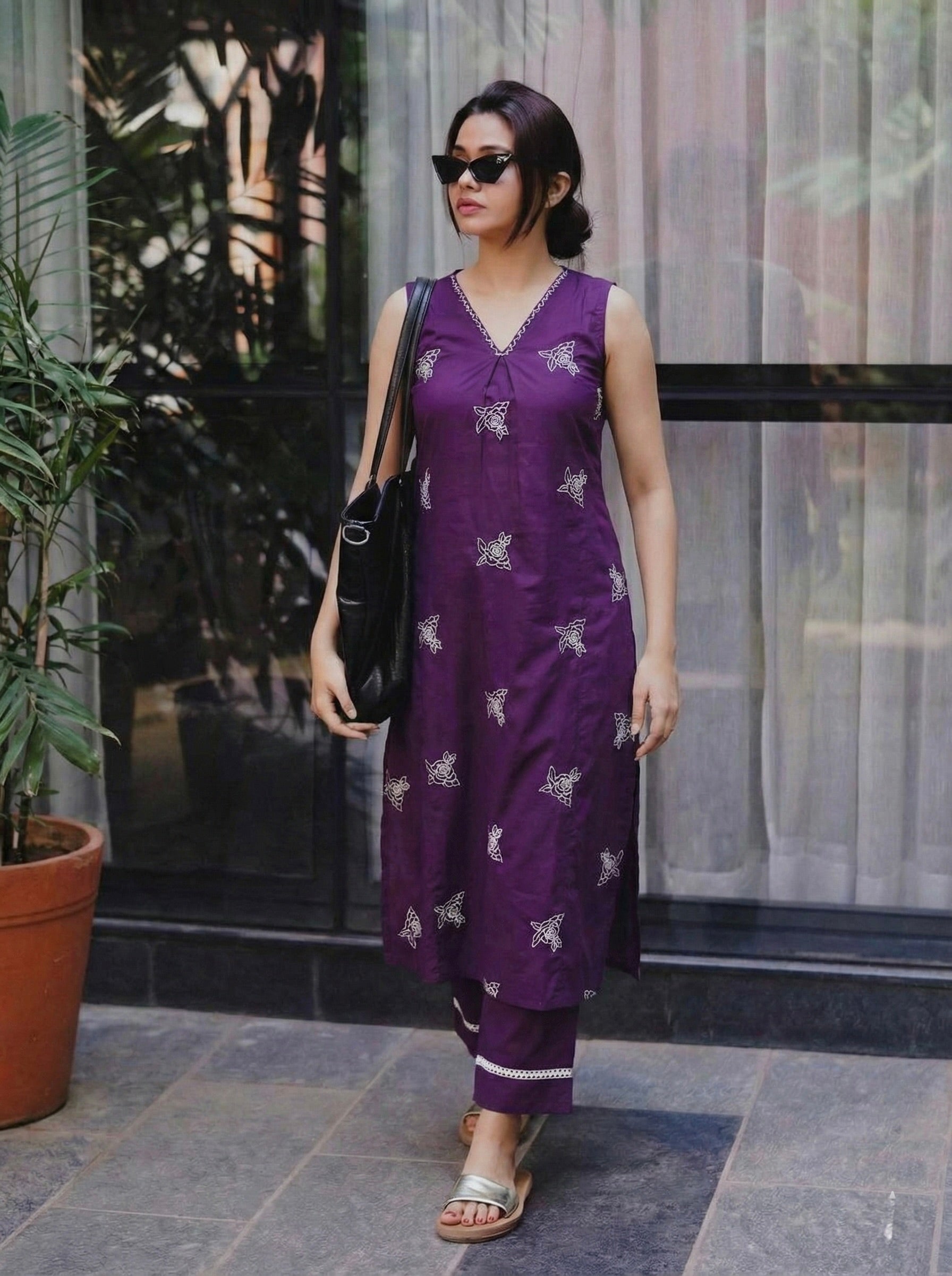 Violet Poly Cotton Embroidered Co-ord Set | cotton co ord set for women
| frontside view
