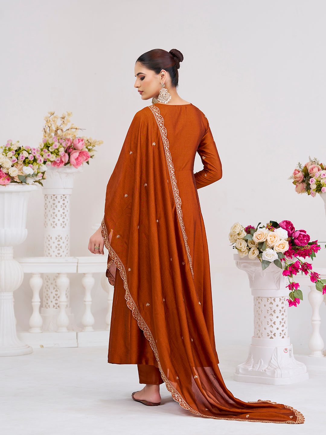 Rust Embroidered Silk Blend Anarkali Kurta With Dupatta Set