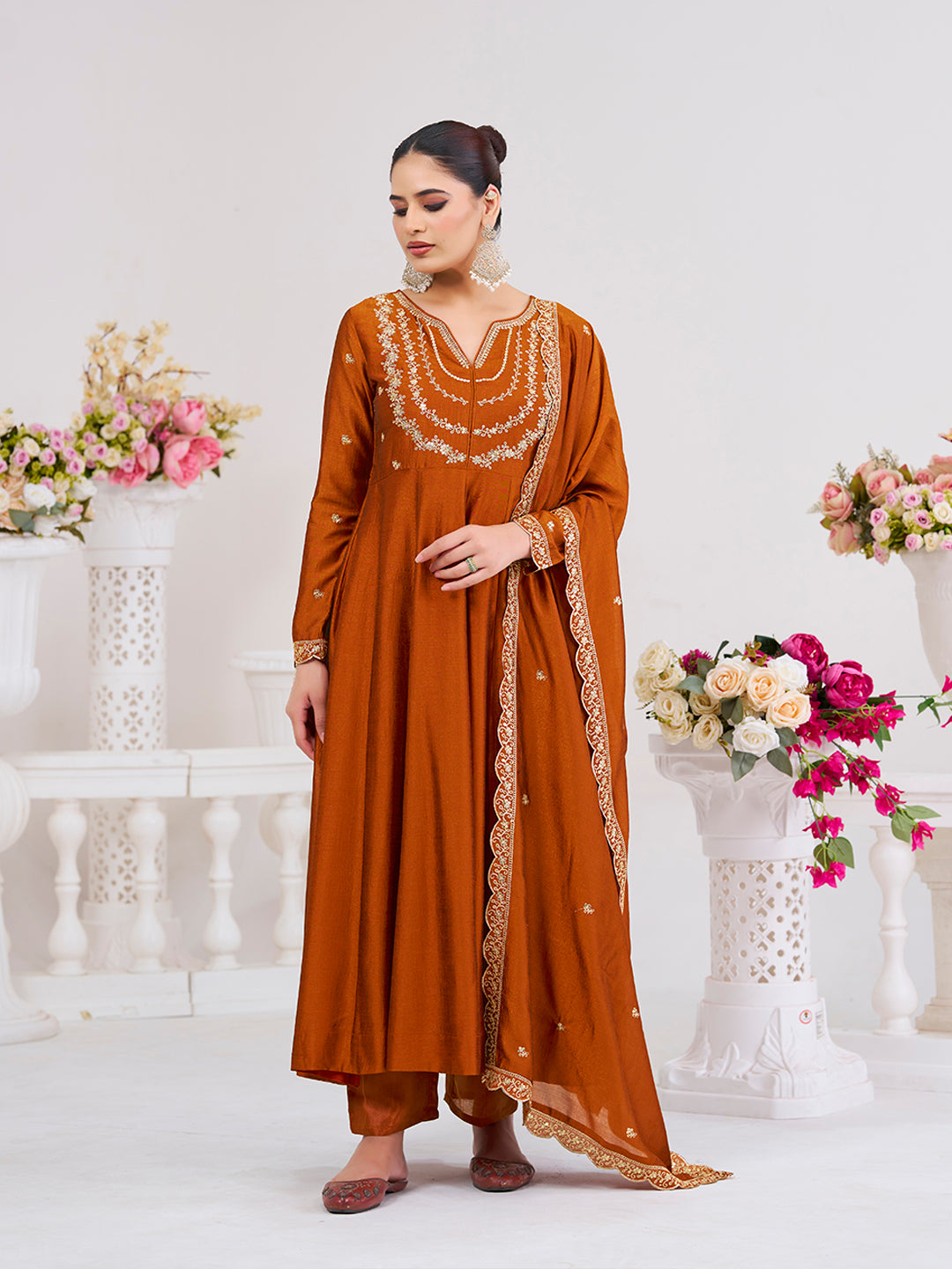 Rust Embroidered Silk Blend Anarkali Kurta With Dupatta Set