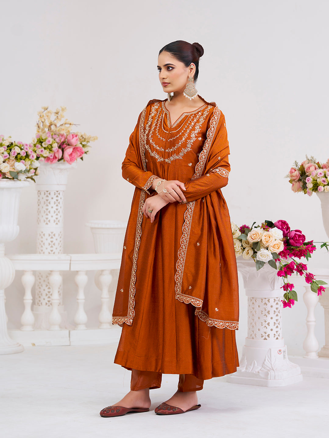 Rust Embroidered Silk Blend Anarkali Kurta With Dupatta Set