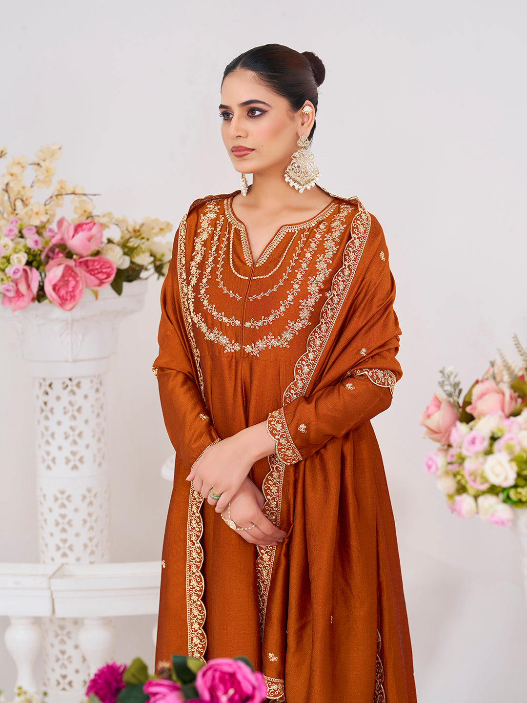 Rust Embroidered Silk Blend Anarkali Kurta With Dupatta Set