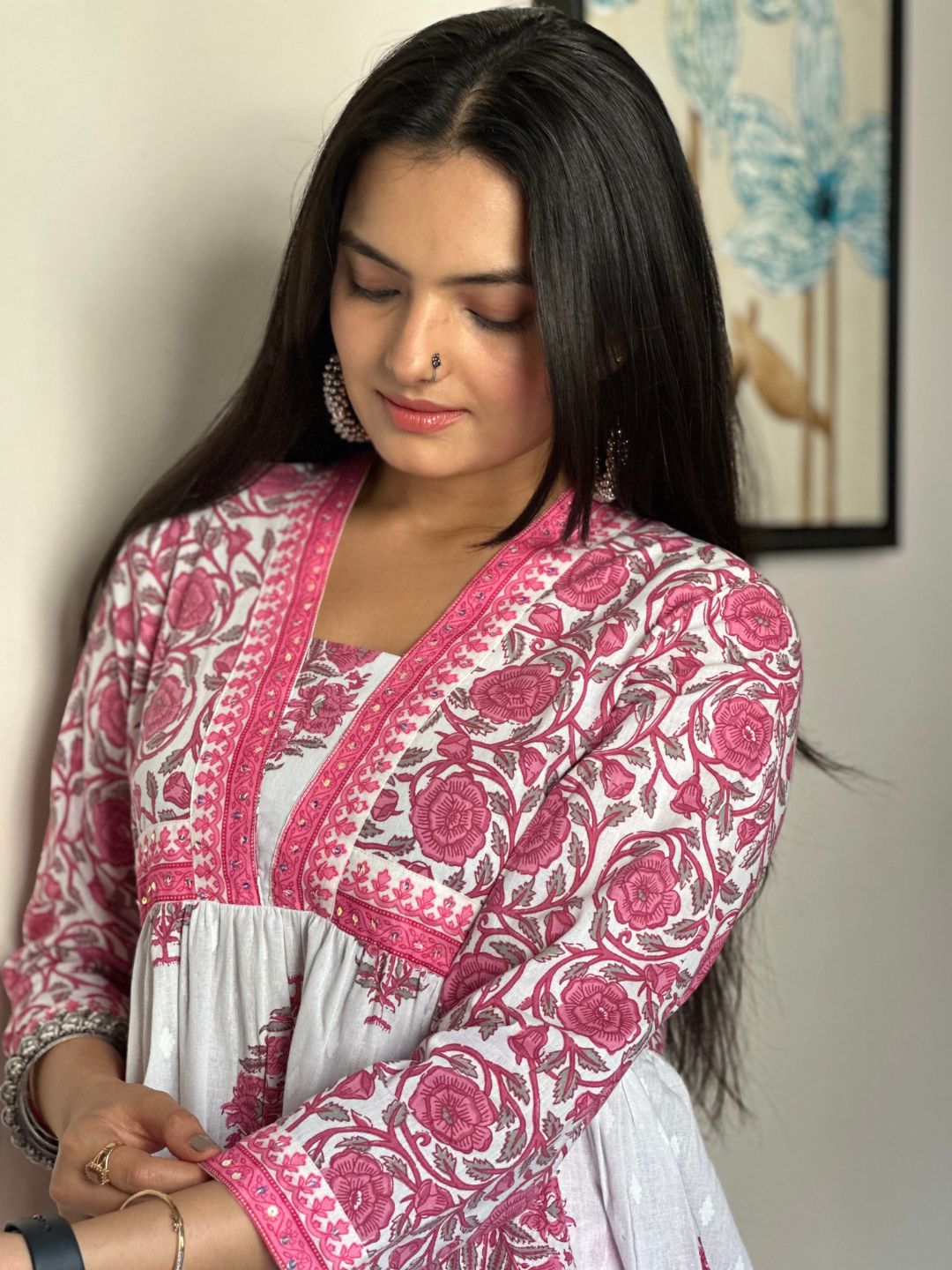 Pink Floral Print Cotton Kurta With Pants Set