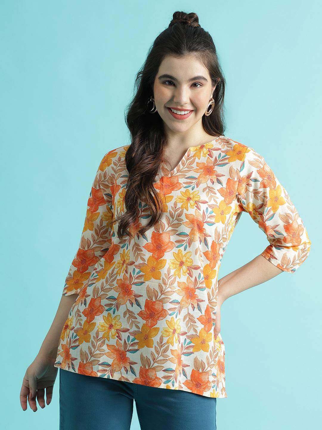 Orange PC Cotton Printed Short Kurta