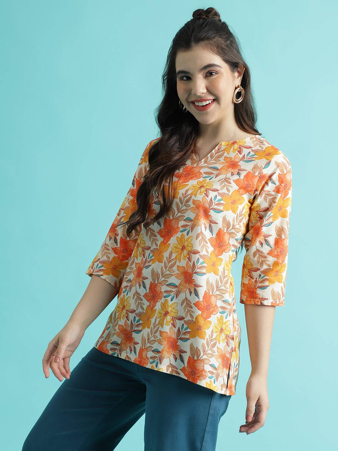 Orange PC Cotton Printed Short Kurta