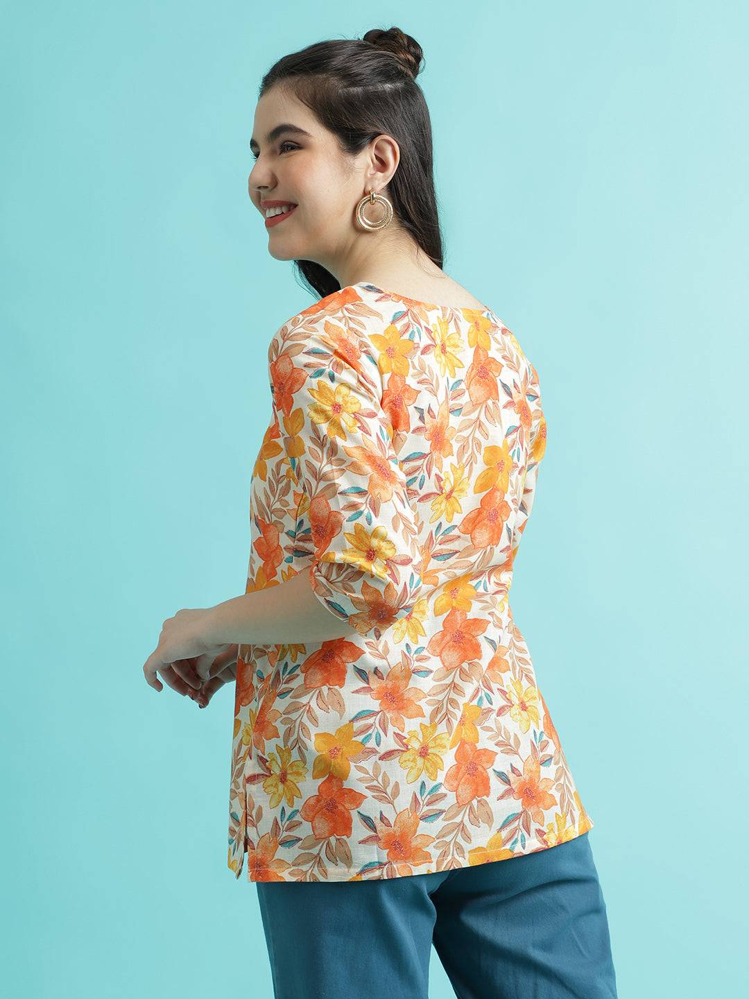 Orange PC Cotton Printed Short Kurta