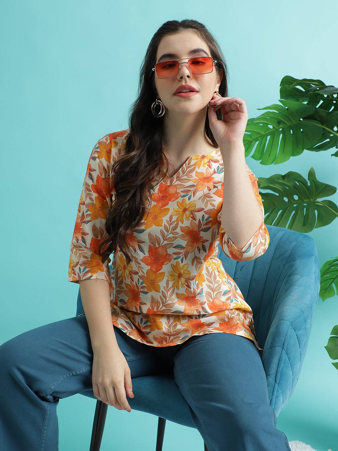 Orange PC Cotton Printed Short Kurta