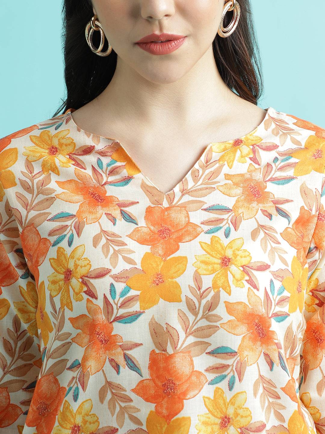 Orange PC Cotton Printed Short Kurta