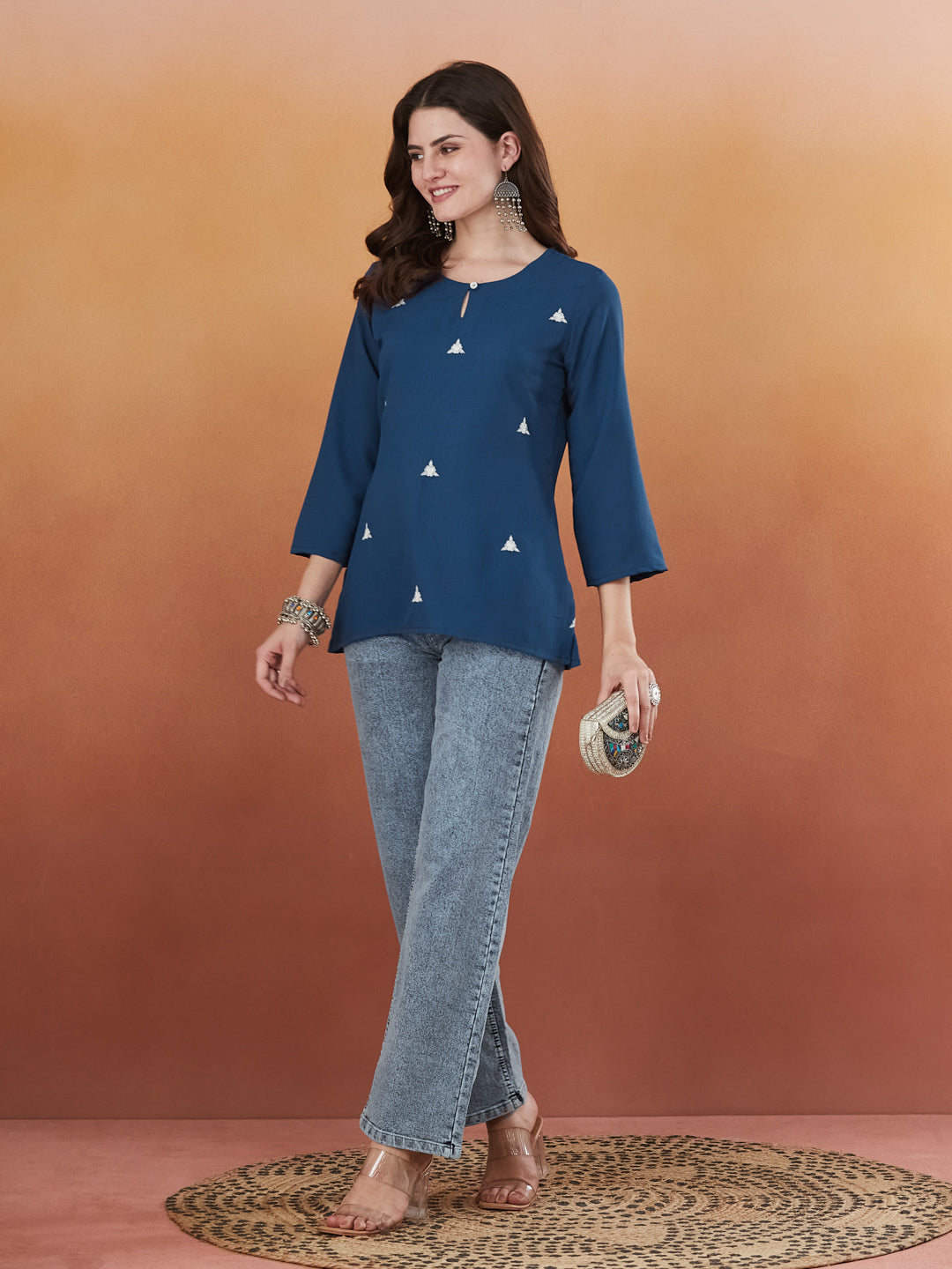 Royal Blue Embroidered Viscose Short Kurta