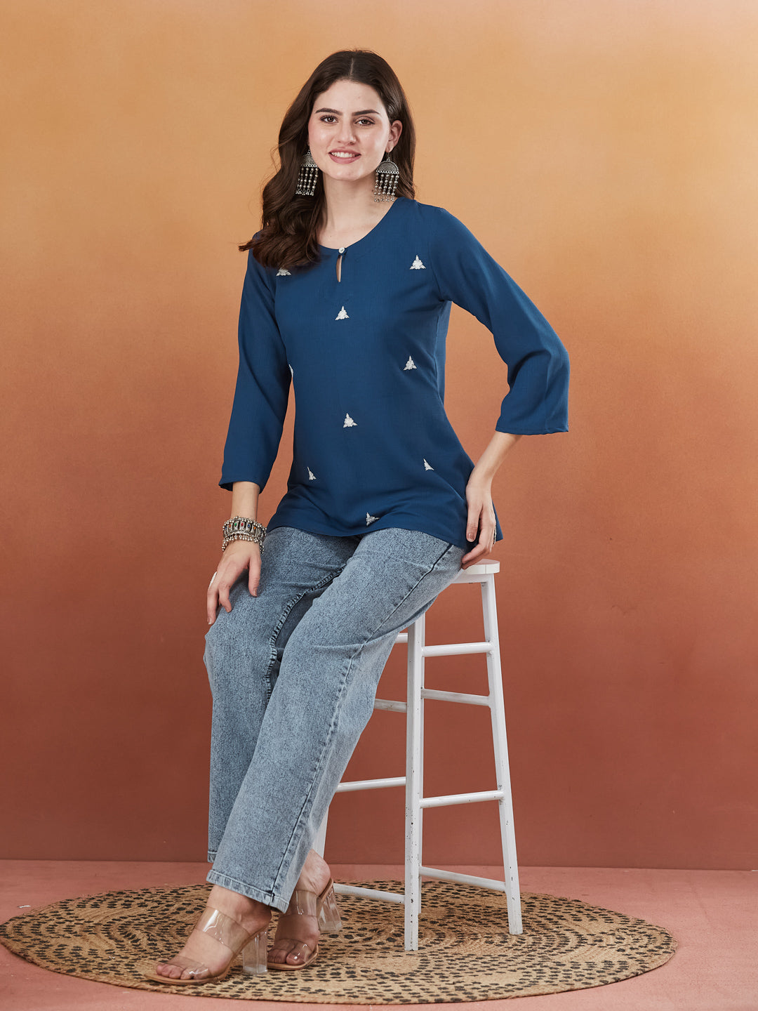 Royal Blue Embroidered Viscose Short Kurta