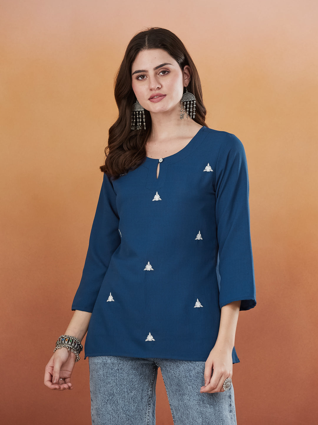 Royal Blue Embroidered Viscose Short Kurta