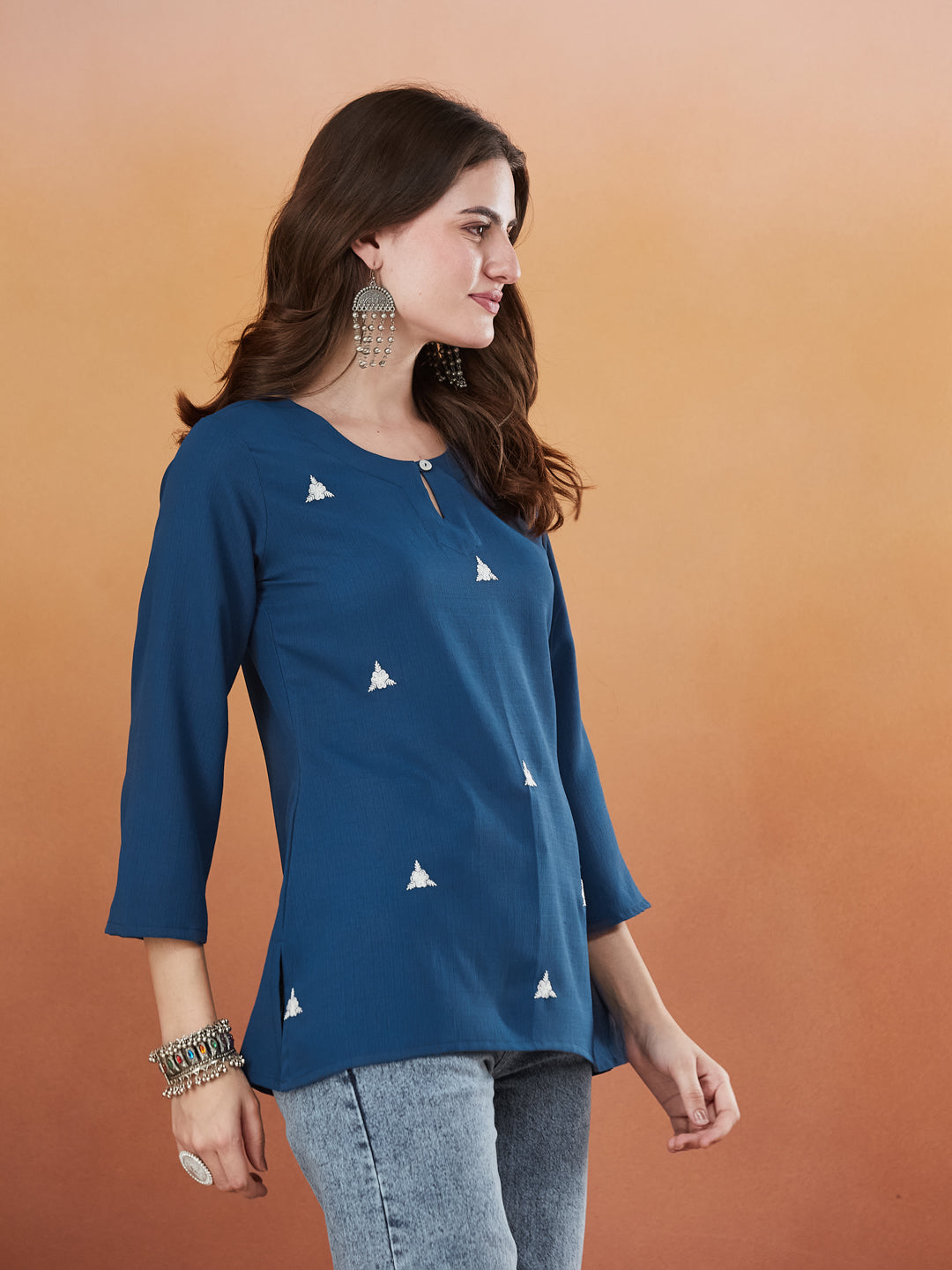 Royal Blue Embroidered Viscose Short Kurta
