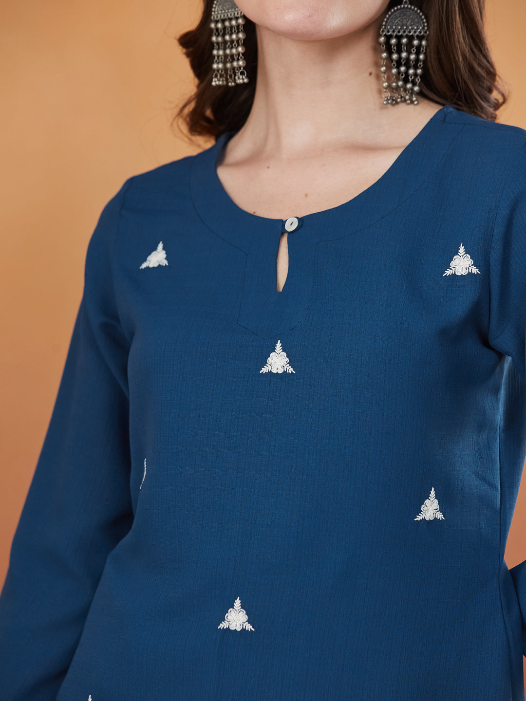 Royal Blue Embroidered Viscose Short Kurta