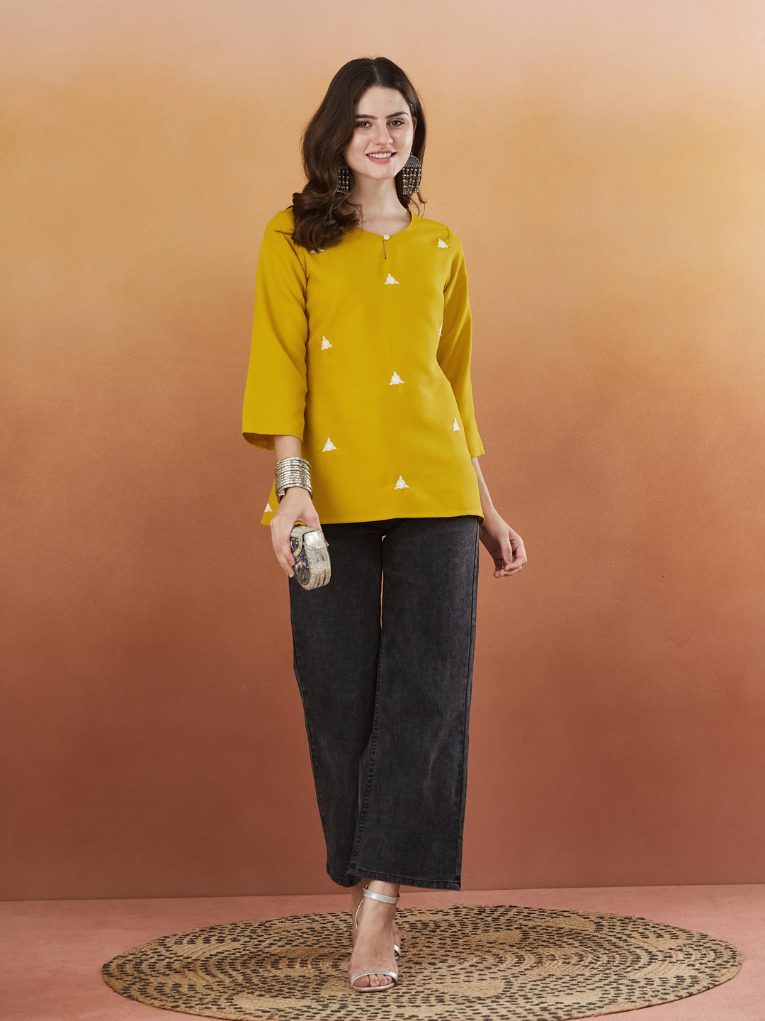 Cream Embroidered Viscose Short Kurta