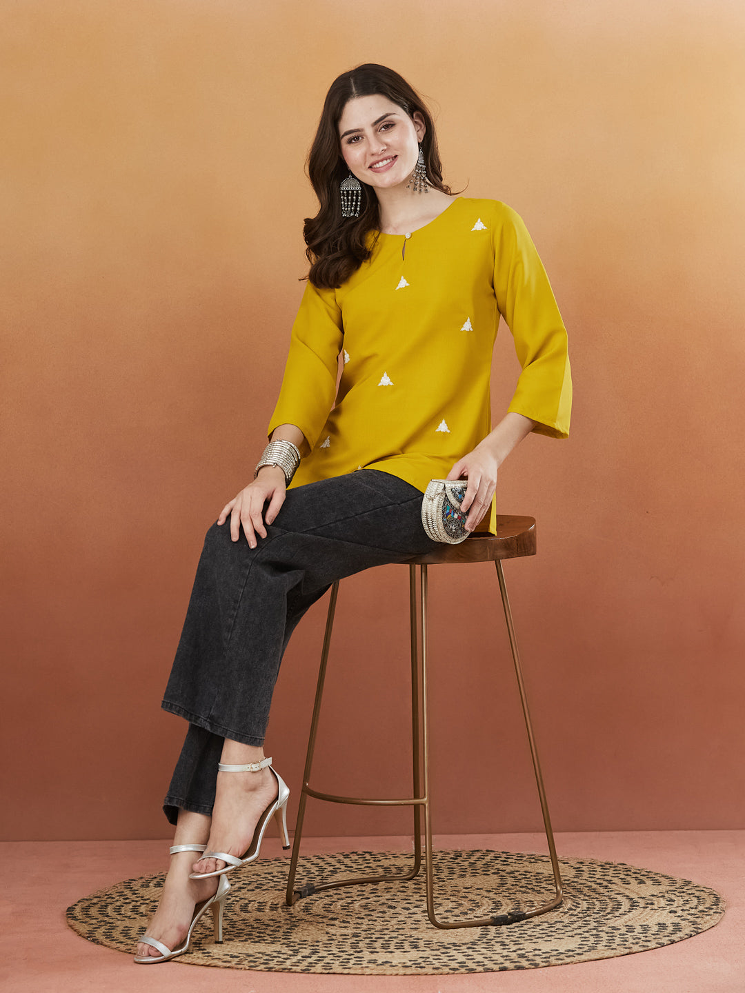 Cream Embroidered Viscose Short Kurta