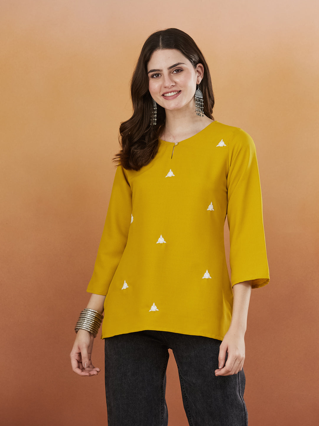 Cream Embroidered Viscose Short Kurta