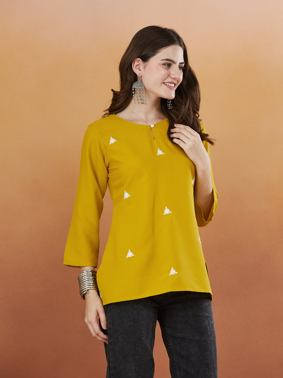 Cream Embroidered Viscose Short Kurta