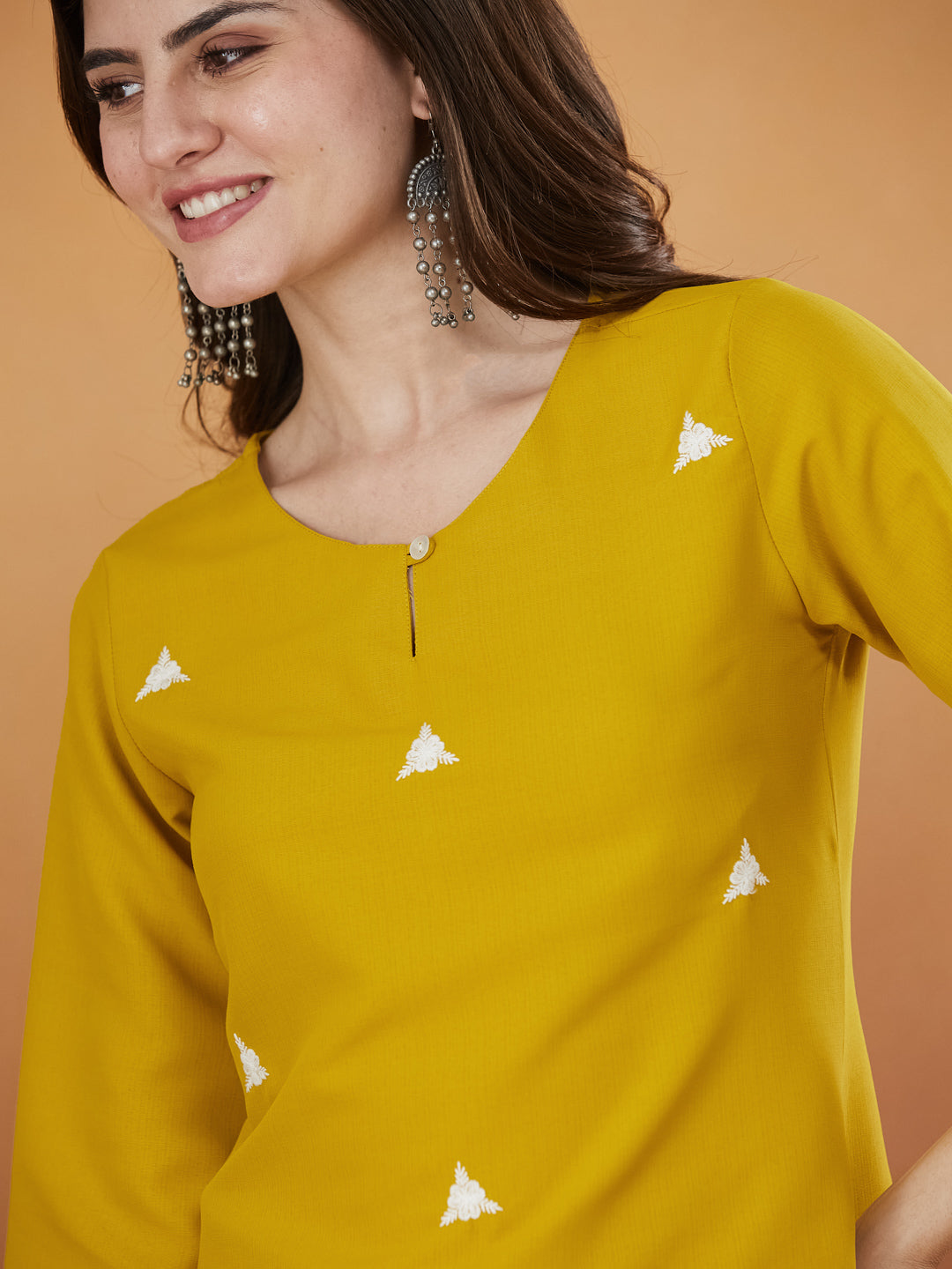 Cream Embroidered Viscose Short Kurta