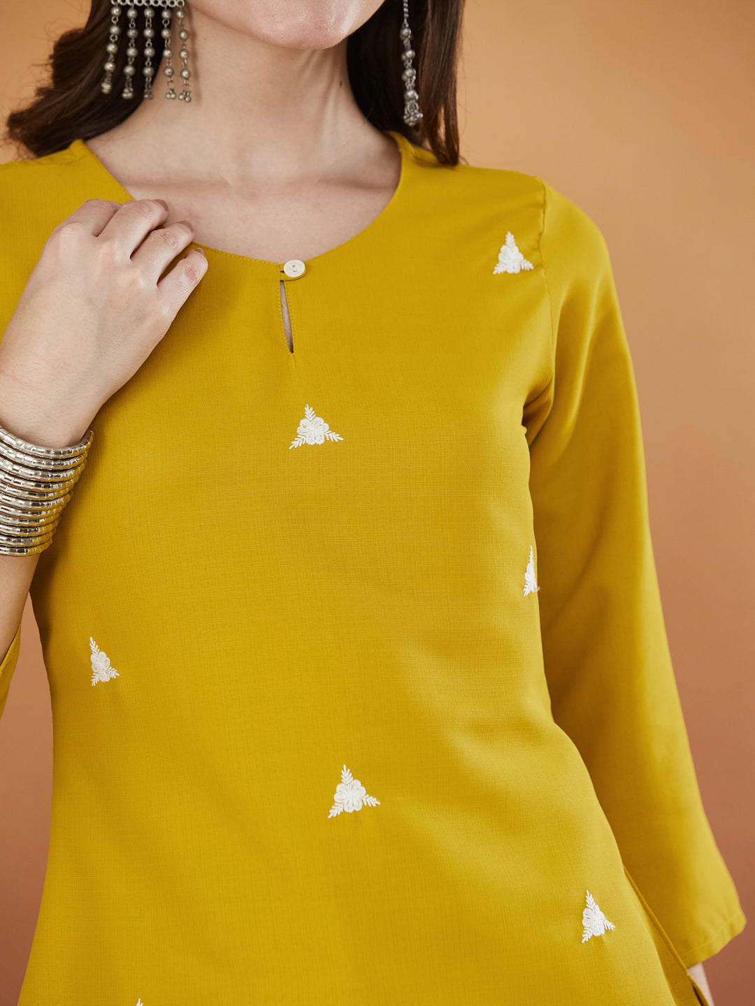 Cream Embroidered Viscose Short Kurta