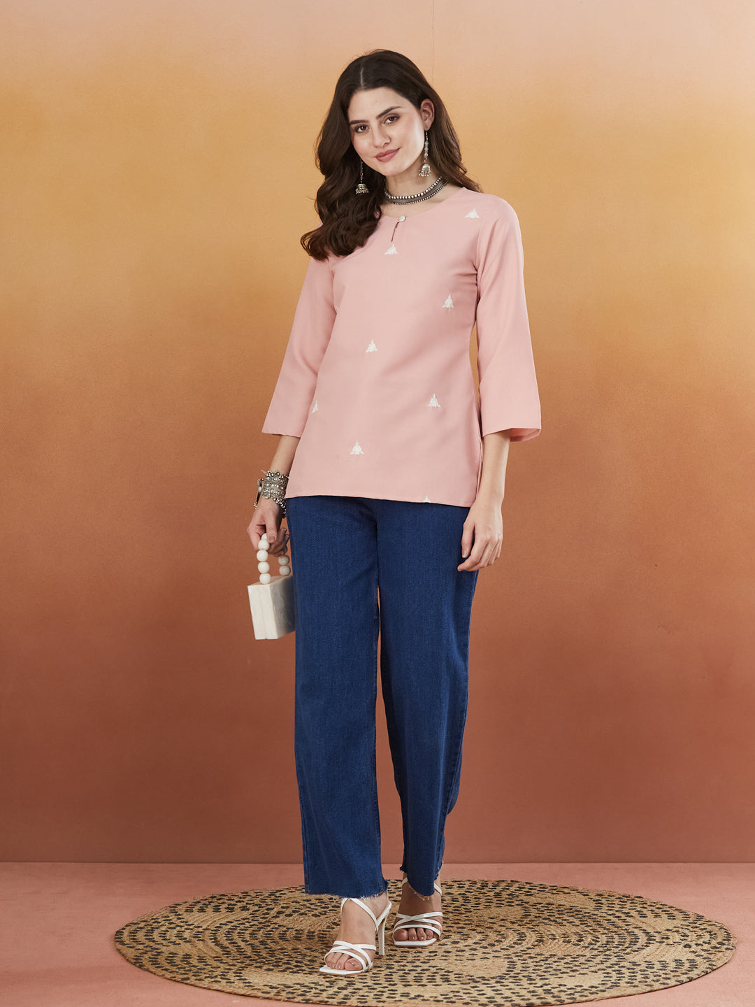 Baby Pink Embroidered Viscose Short Kurta