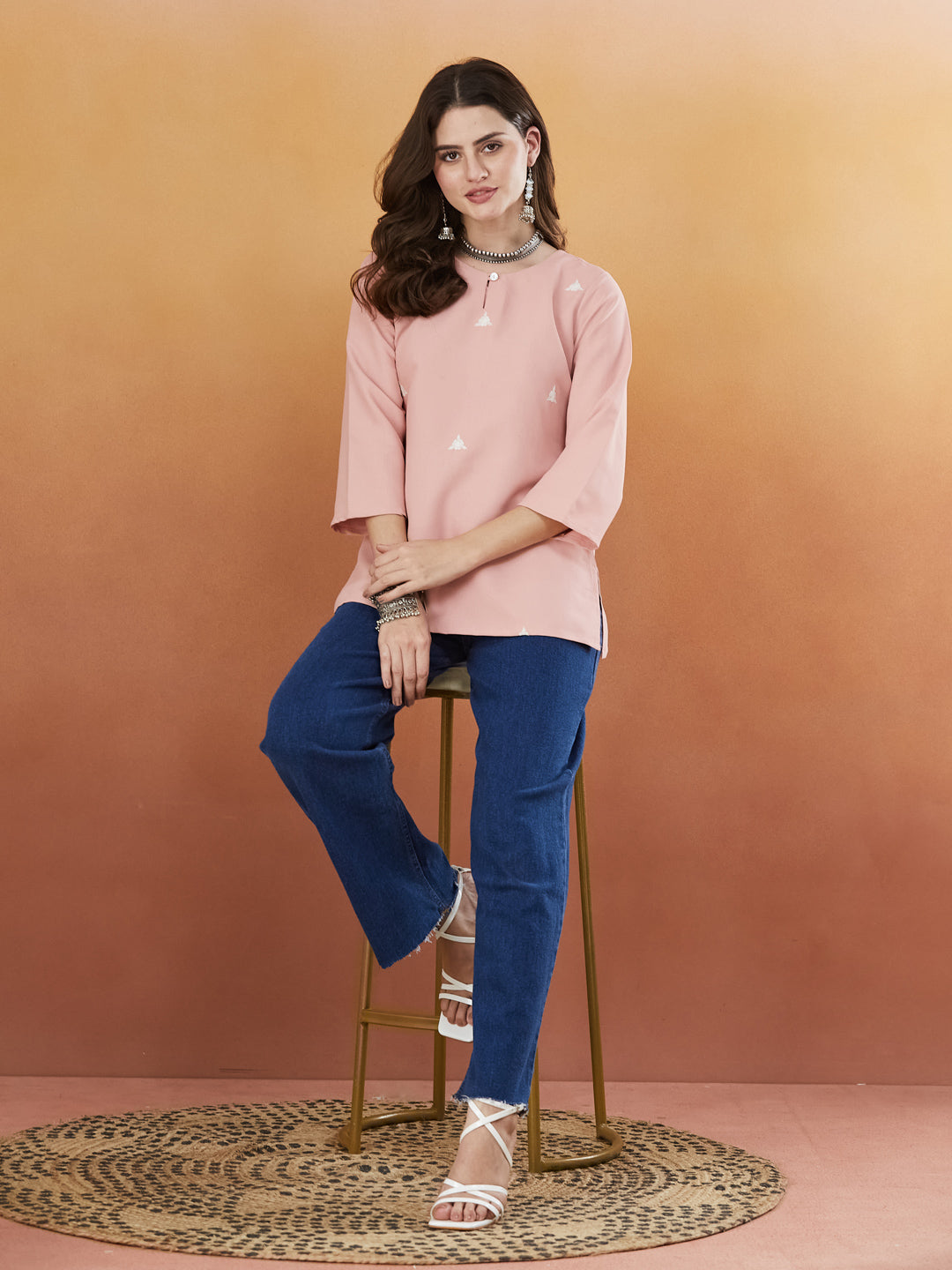 Baby Pink Embroidered Viscose Short Kurta