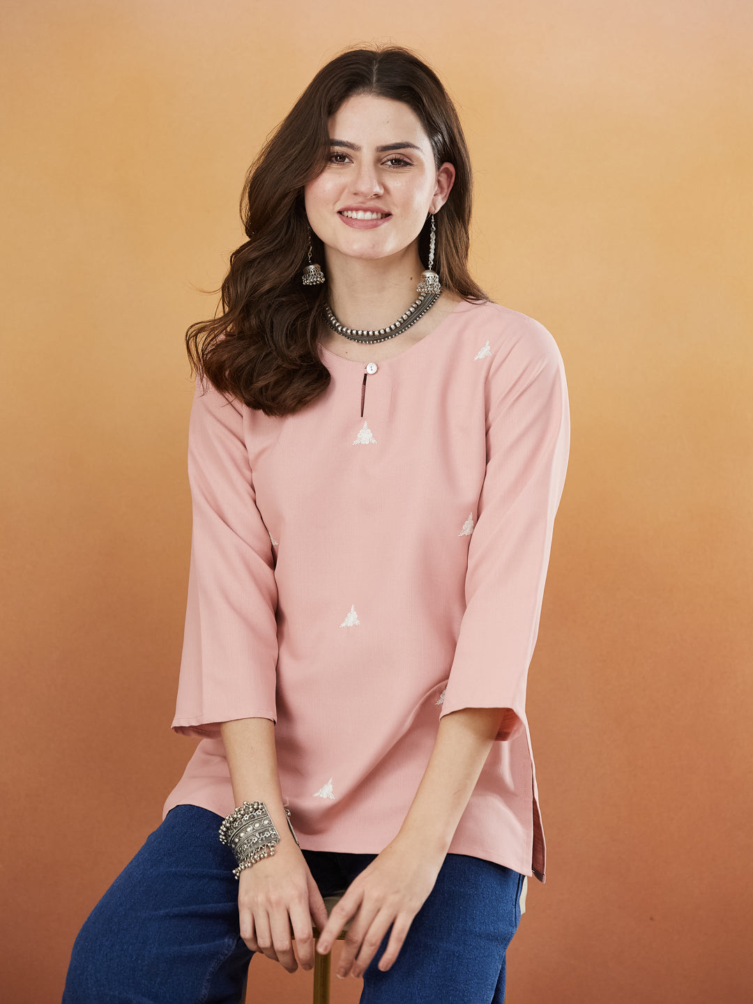 Baby Pink Embroidered Viscose Short Kurta