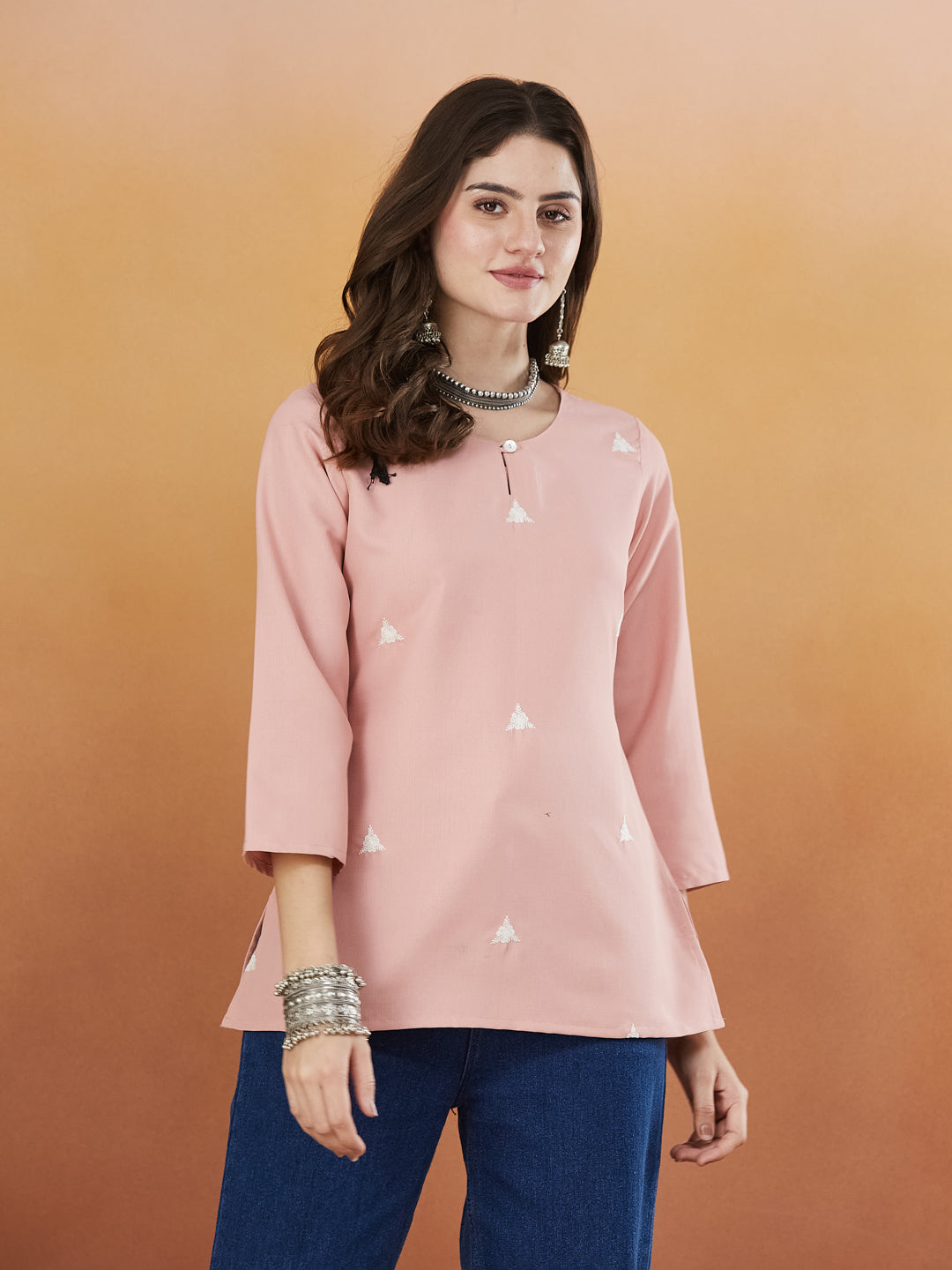 Baby Pink Embroidered Viscose Short Kurta