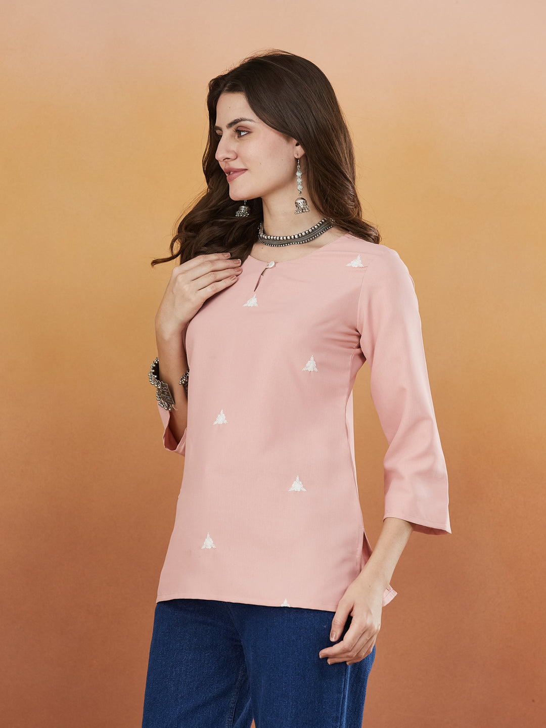 Baby Pink Embroidered Viscose Short Kurta