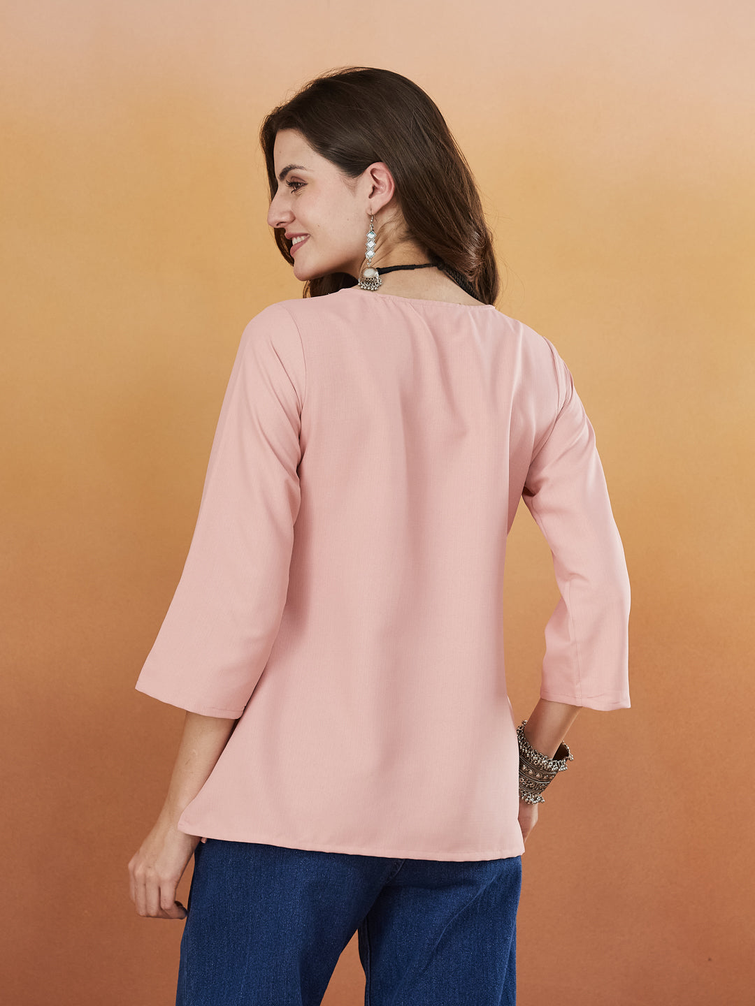 Baby Pink Embroidered Viscose Short Kurta