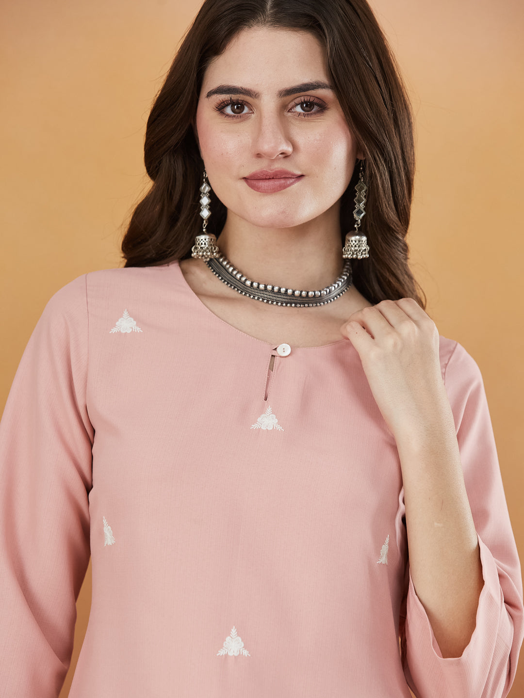 Baby Pink Embroidered Viscose Short Kurta