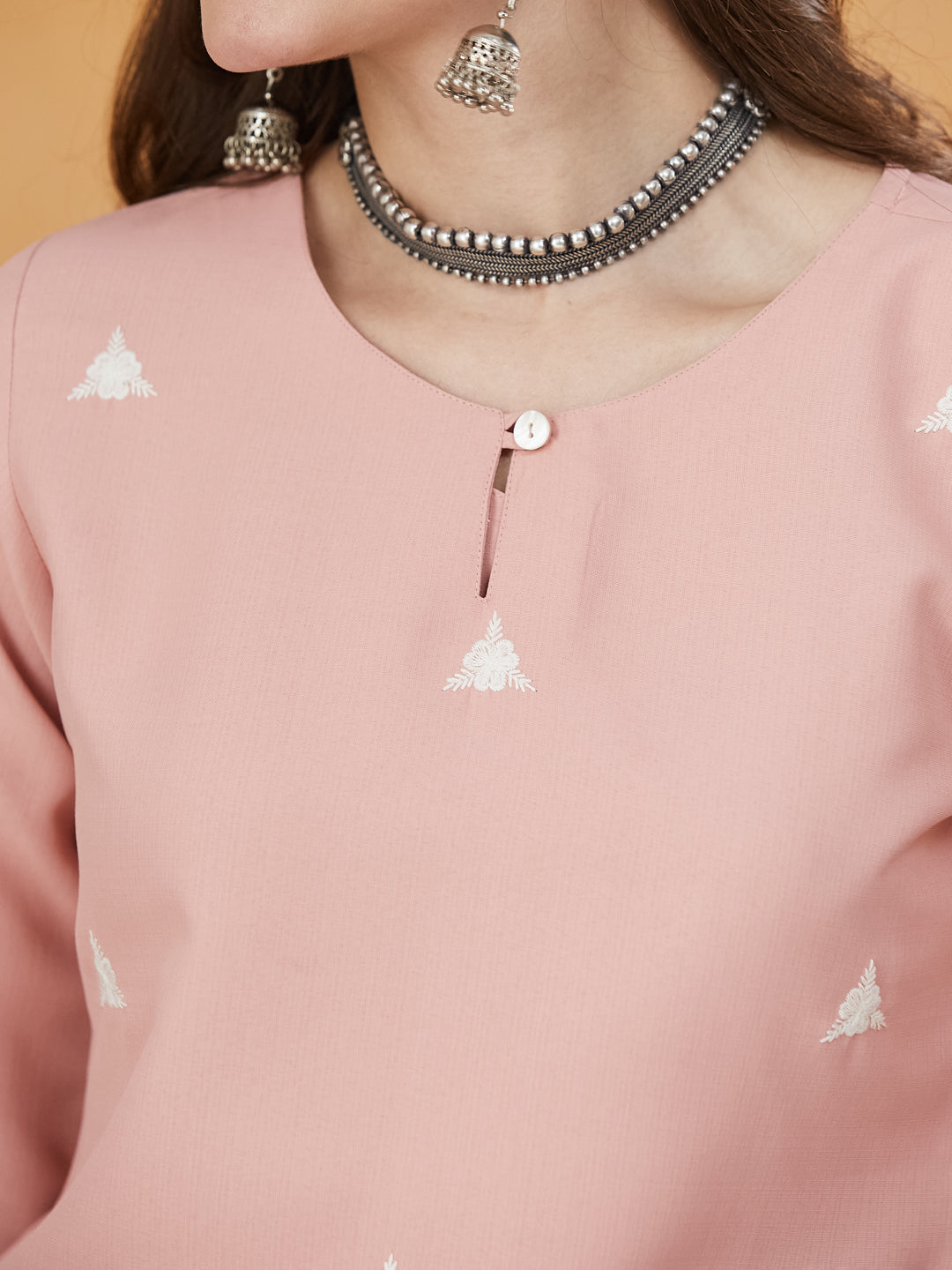 Baby Pink Embroidered Viscose Short Kurta