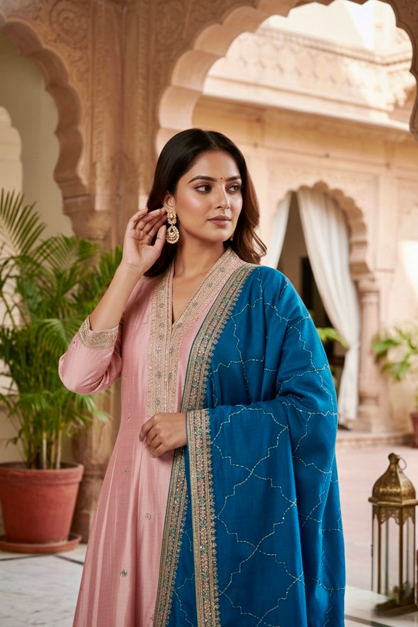 Pink Embroidered Silk Anarkali Kurta With Dupatta Set