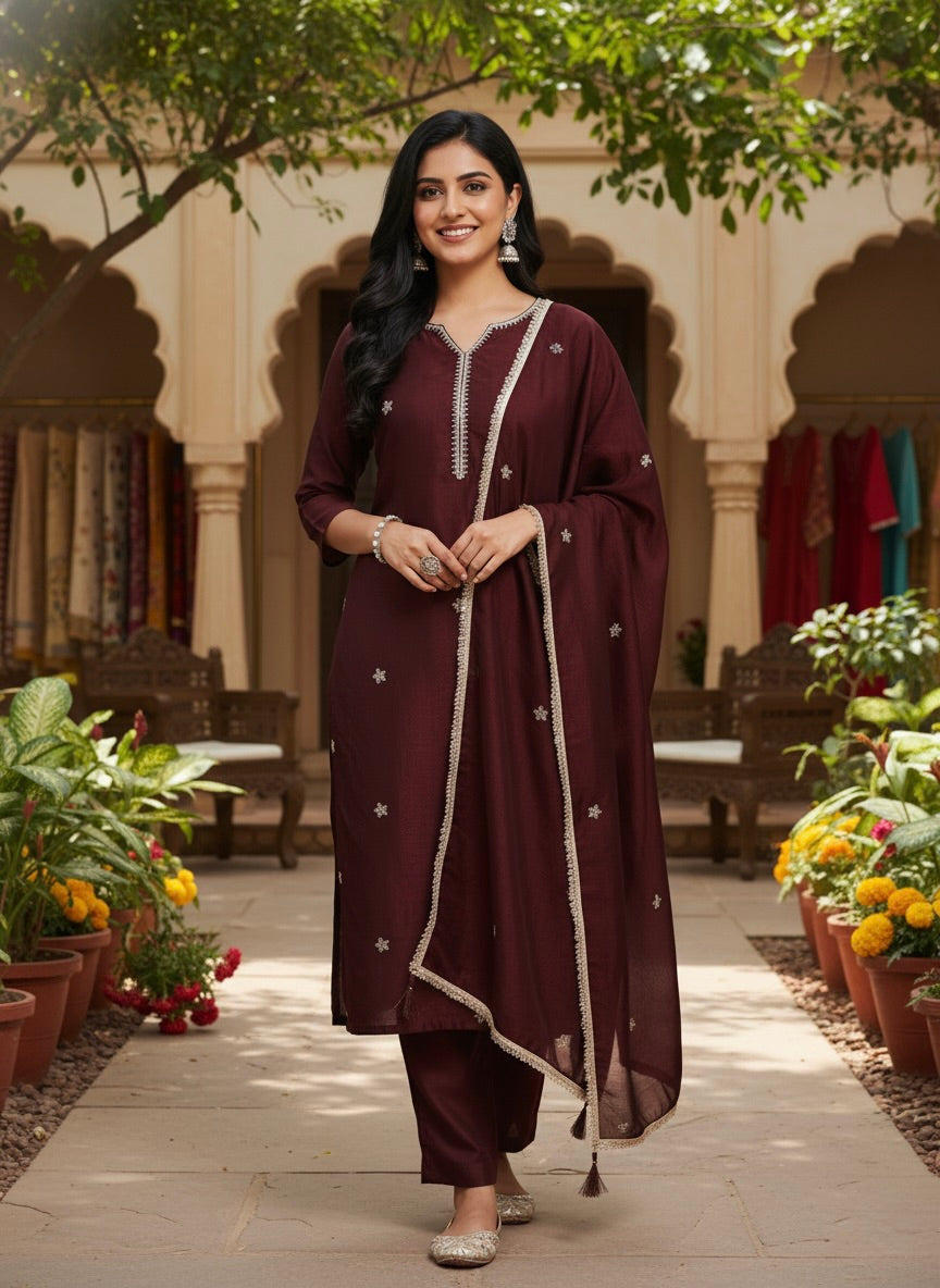 Coffee Embroidered Silk Kurta with Dupatta Set