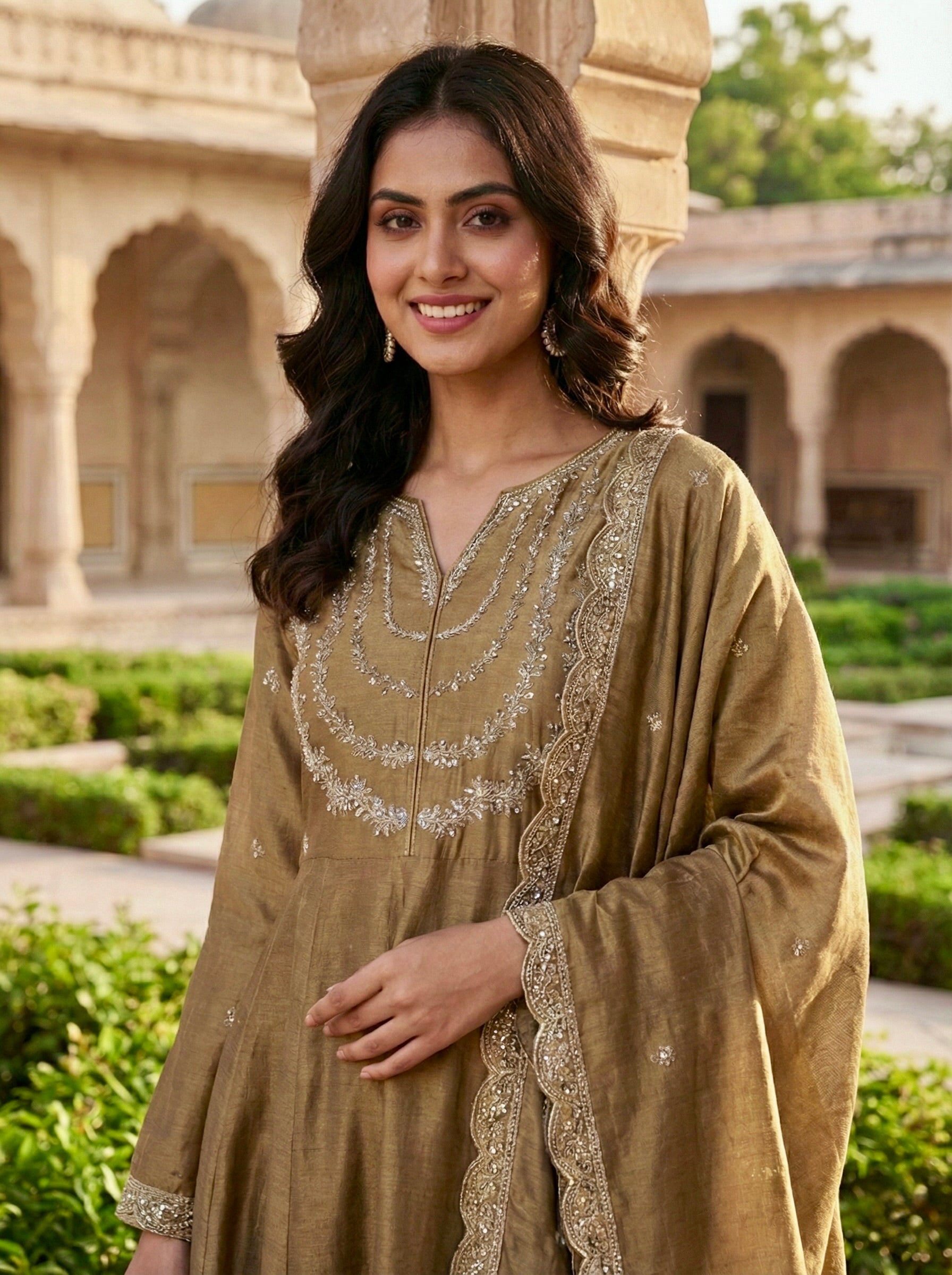 Gold Embroidered Silk Blend Anarkali Kurta With Dupatta Set