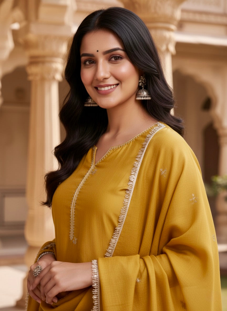 Light Mustard Embroidered Silk Kurta with Dupatta Set