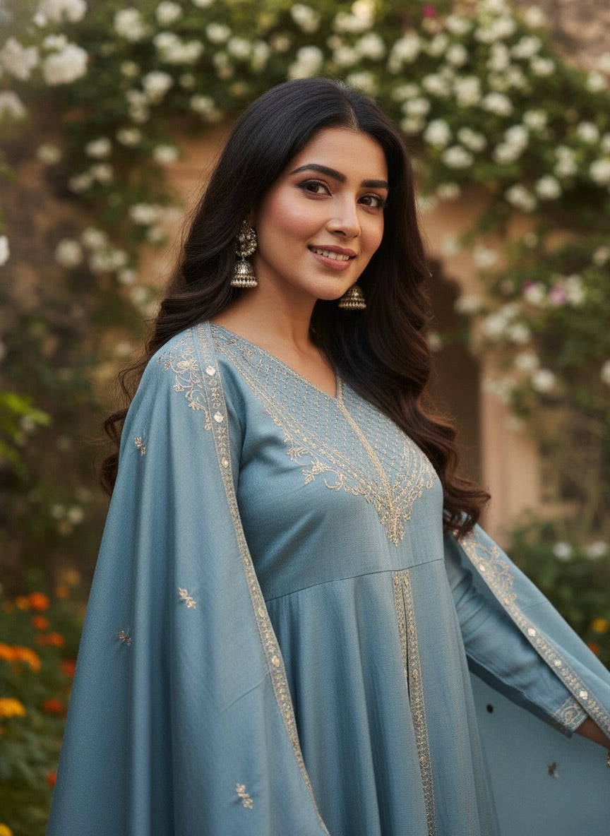 Sky Blue Silk Embroidered Anarkali Kurta With Dupatta Set for Women