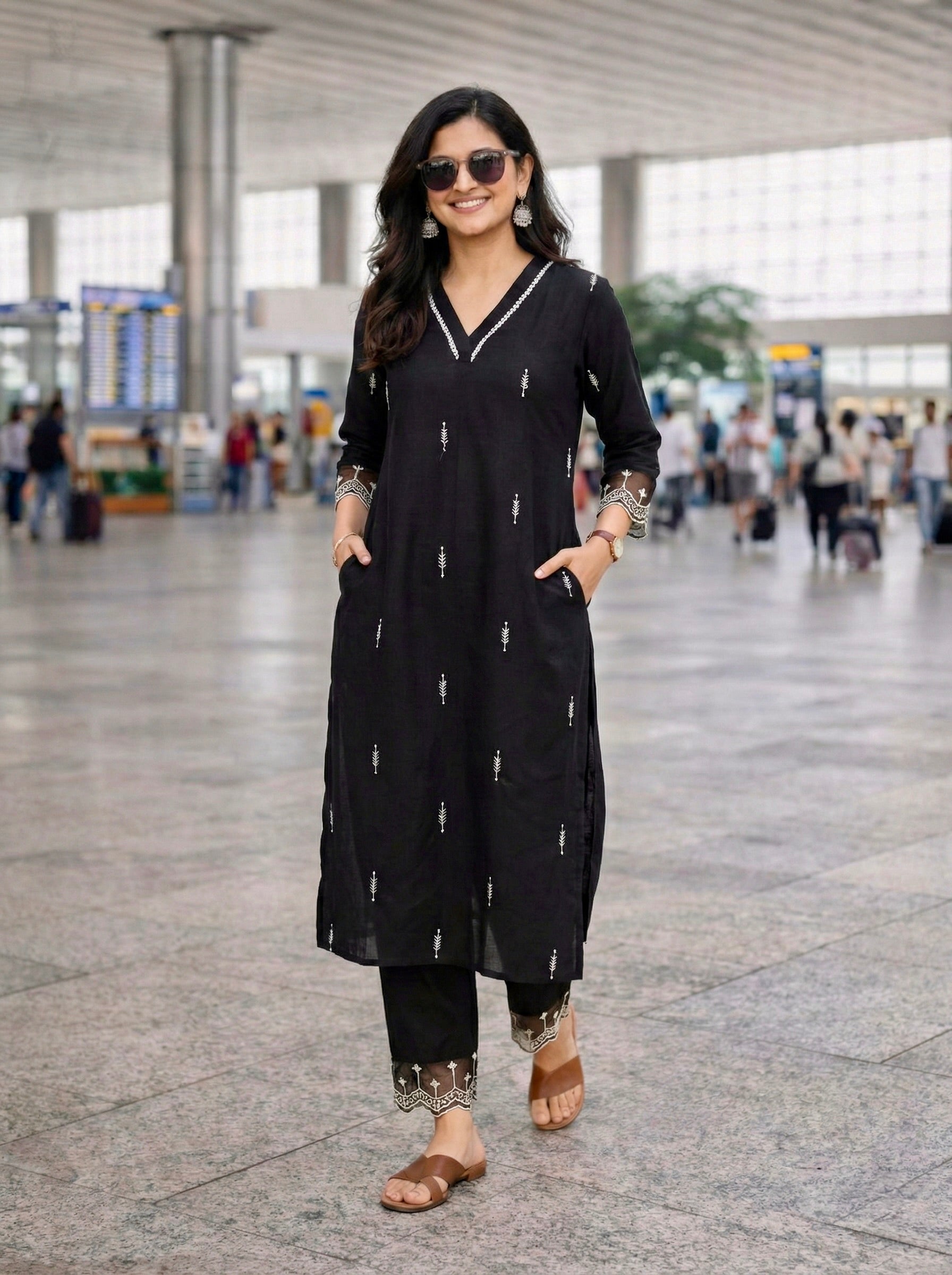 Black Chinon Embroidered Co-ord Set | embroidered co ord sets for women | frontside view
