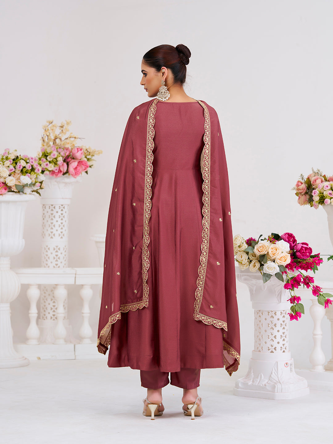 Maroon Embroidered Silk Blend Anarkali Kurta With Dupatta Set