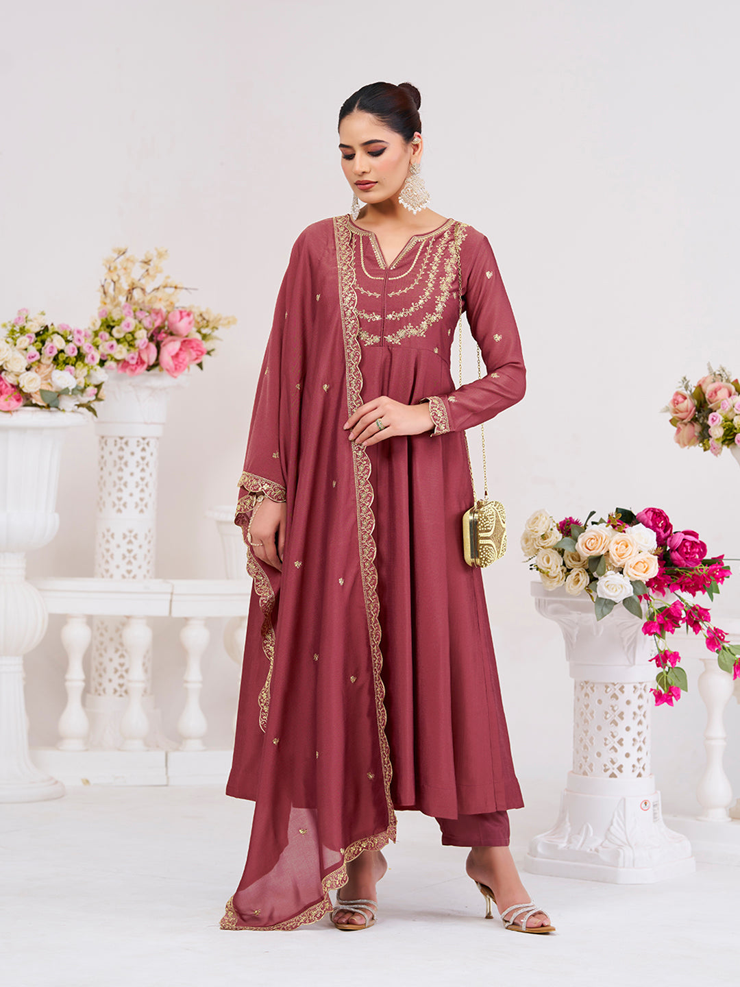 Maroon Embroidered Silk Blend Anarkali Kurta With Dupatta Set