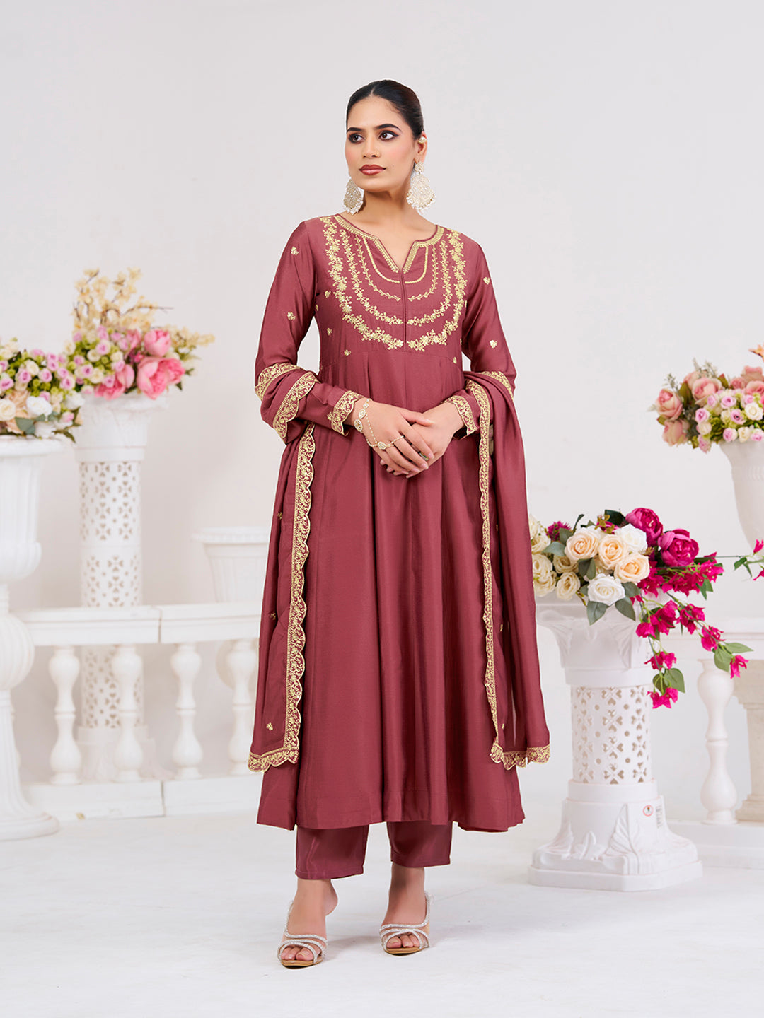 Maroon Embroidered Silk Blend Anarkali Kurta With Dupatta Set