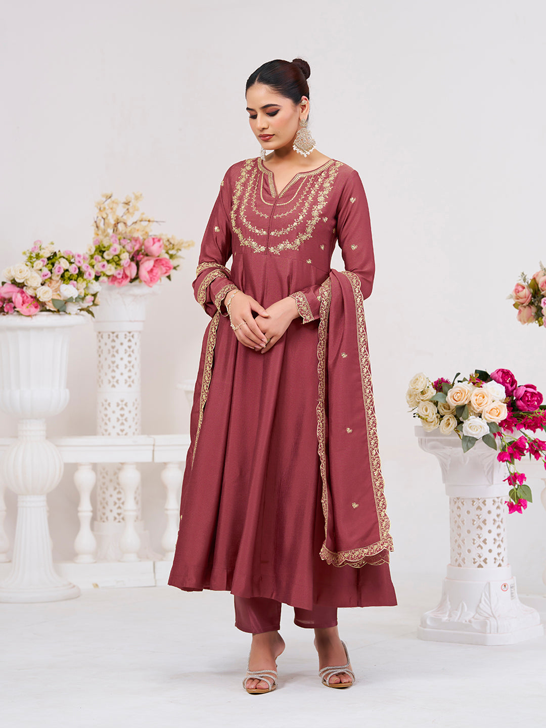 Maroon Embroidered Silk Blend Anarkali Kurta With Dupatta Set