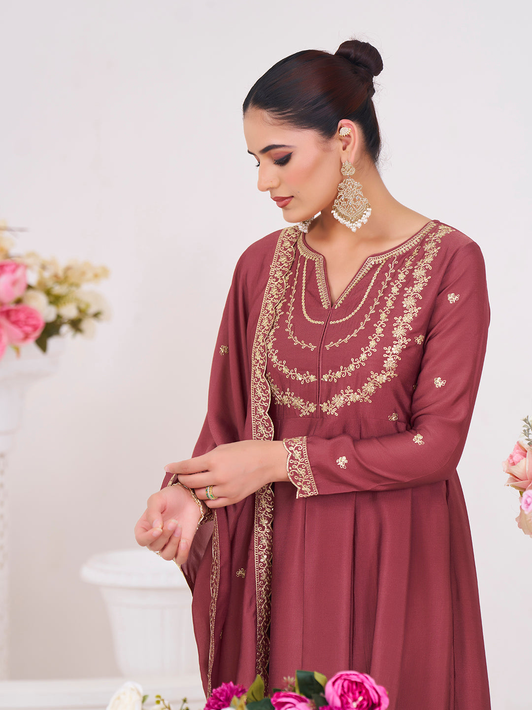 Maroon Embroidered Silk Blend Anarkali Kurta With Dupatta Set