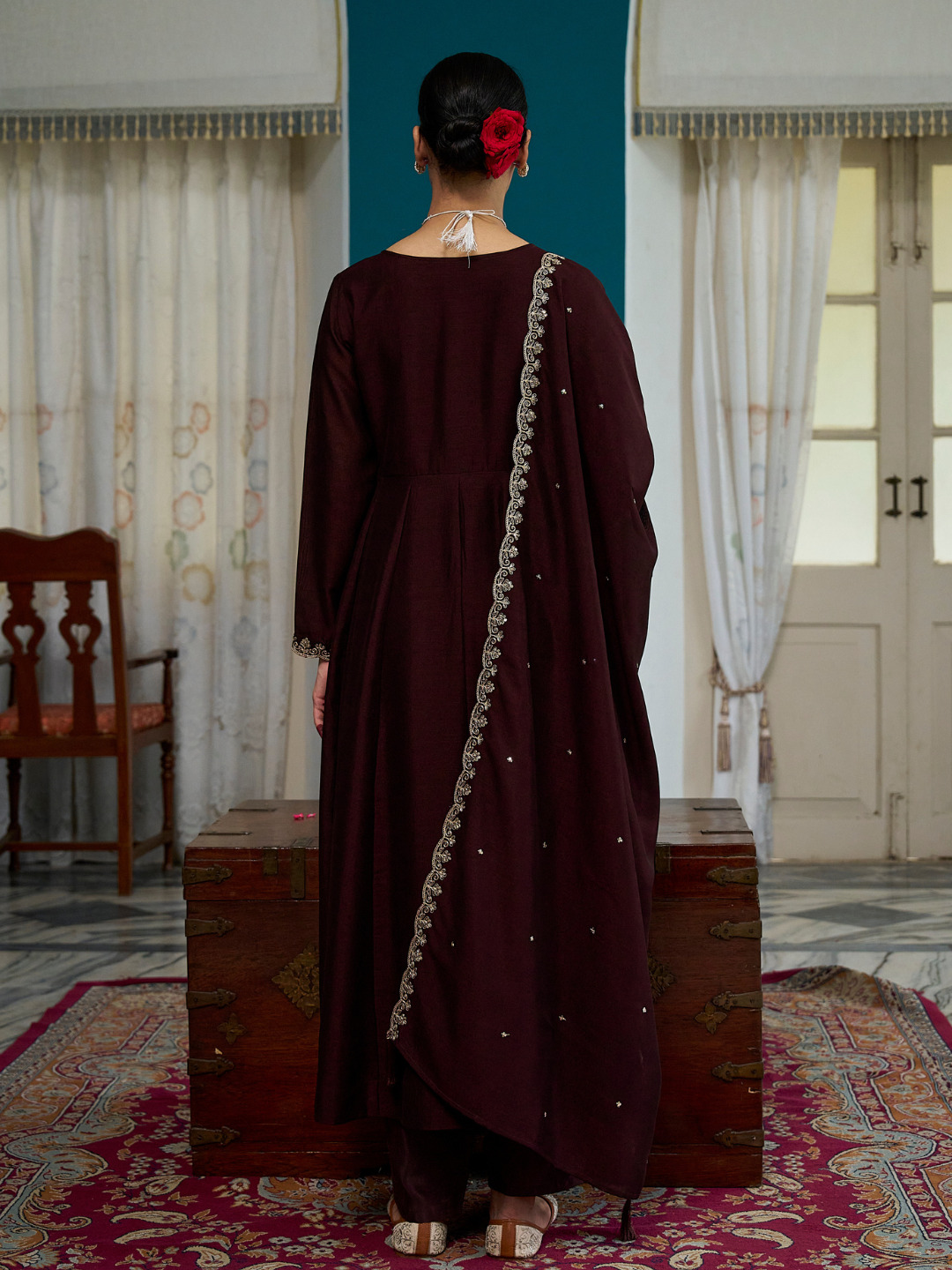 Coffee Embroidered Silk Anarkali kurta with Dupatta Set