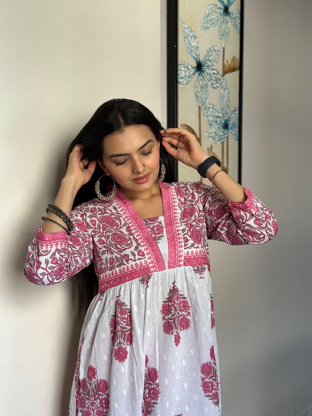 Pink Floral Print Cotton Kurta With Pants Set