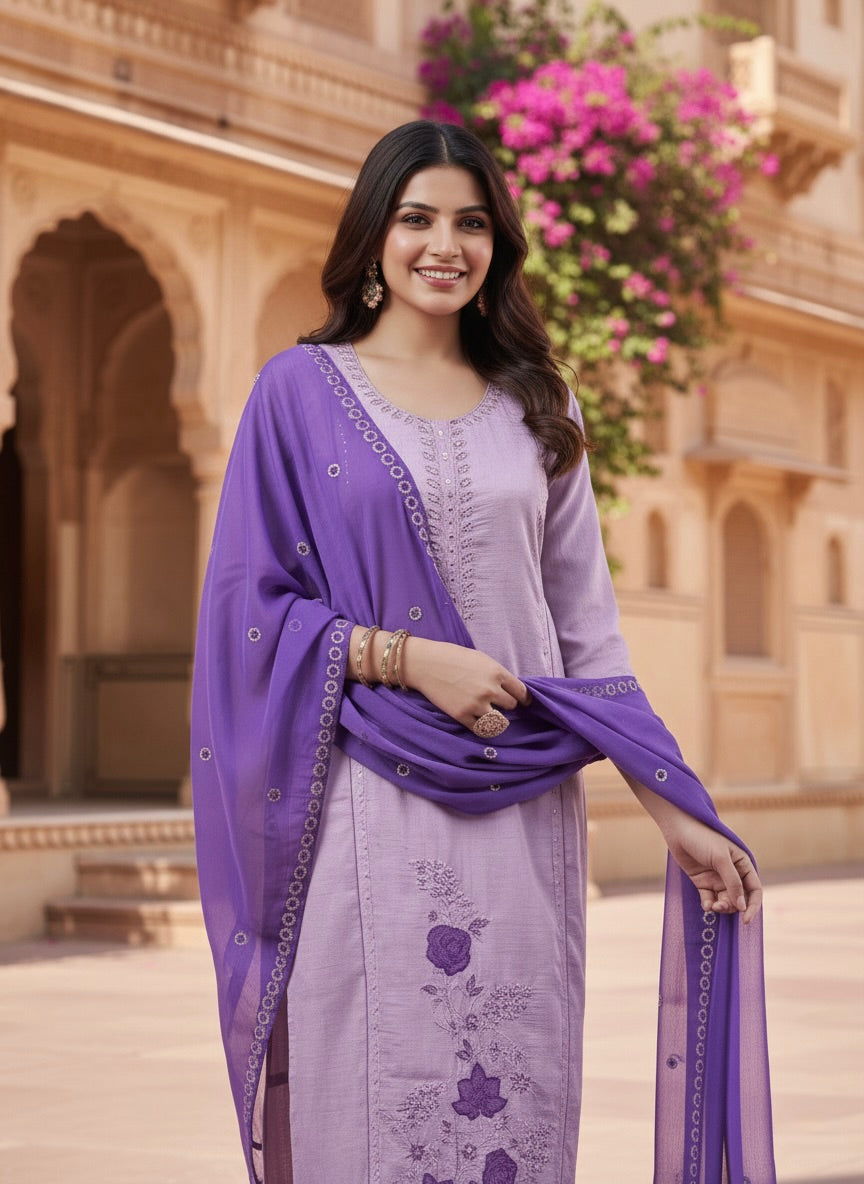 Lavender Embroidered Silk Kurta with Dupatta Set