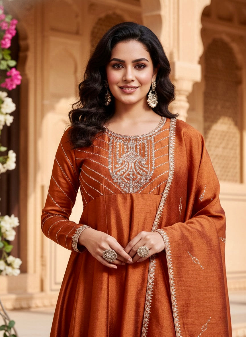 Rust Embroidered Silk Anarkali Kurta With Dupatta Set