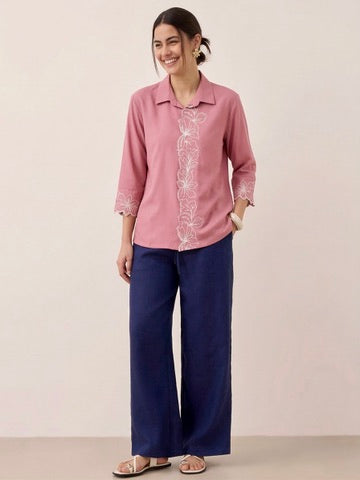 Pink Viscose Embroidered Regular Fit Shirt for Women