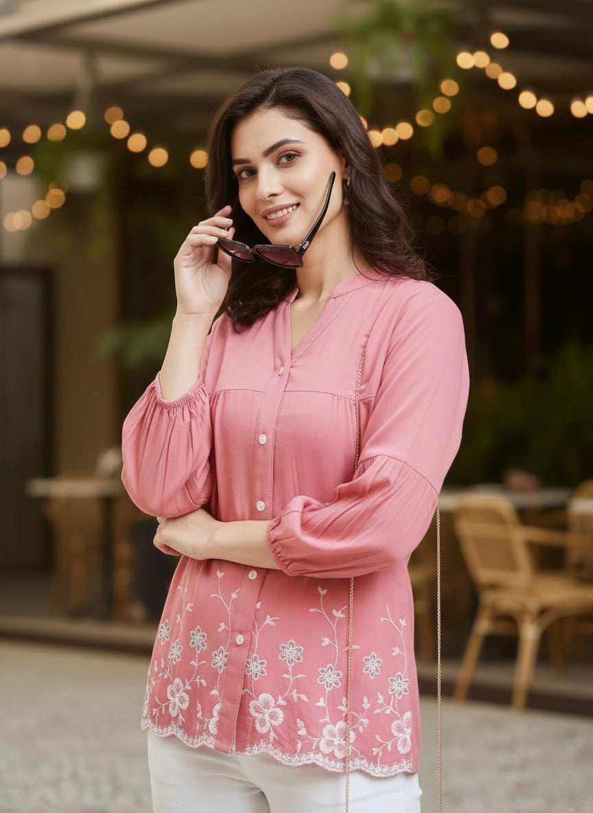 Pink Embroidered Rayon Shirt for Women