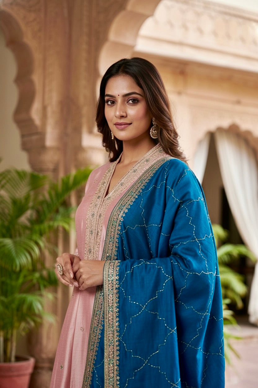 Pink Embroidered Silk Anarkali Kurta With Dupatta Set