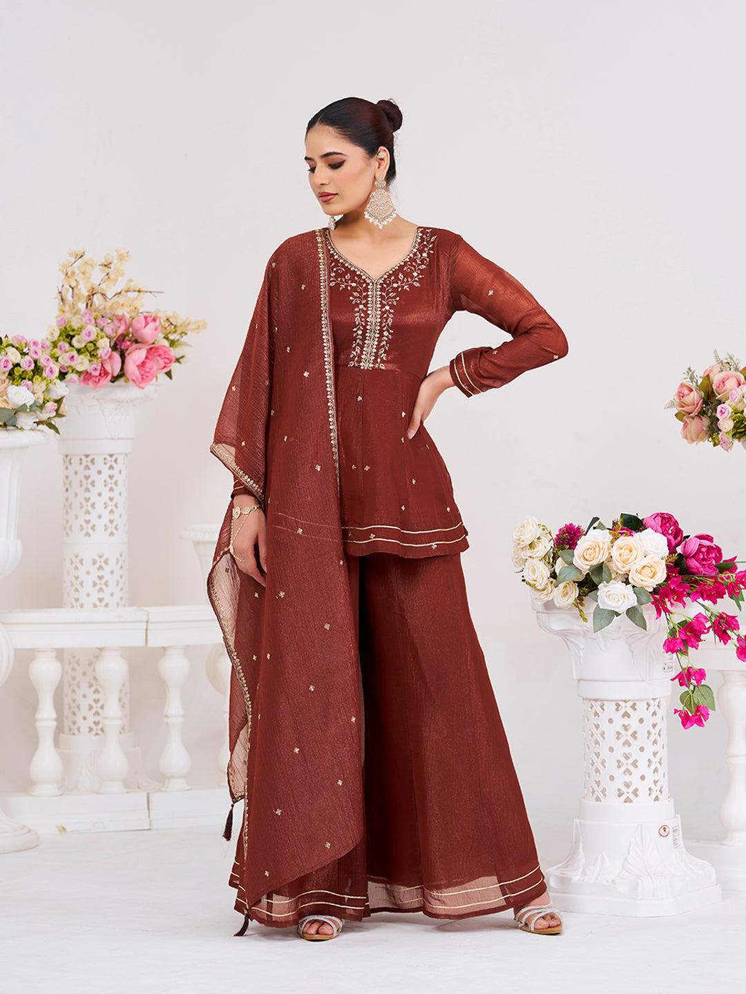 Coffee Embroidered Peplum Top with Sharara Set