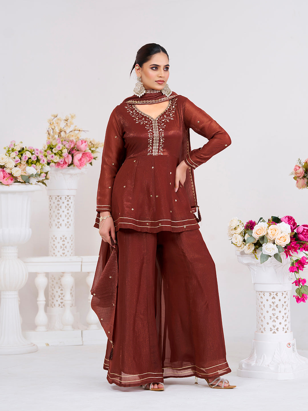 Coffee Embroidered Peplum Top with Sharara Set